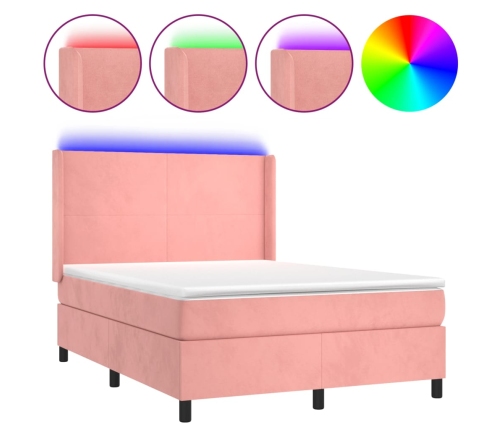 Cama box spring colchón y LED terciopelo rosa 140x190 cm