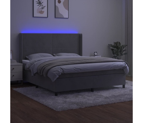 Cama box spring colchón y LED terciopelo gris claro 160x200 cm