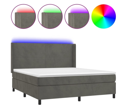 Cama box spring colchón y LED terciopelo gris oscuro 160x200 cm