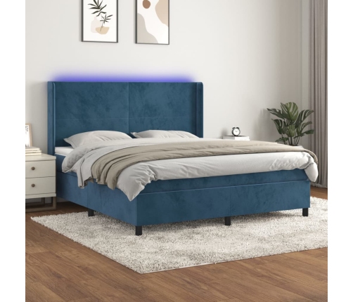 Cama box spring colchón y LED terciopelo azul oscuro 160x200 cm