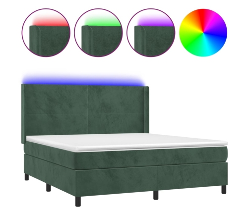 Cama box spring colchón y LED terciopelo verde oscuro 180x200cm