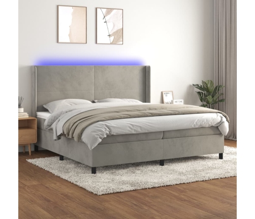 Cama box spring colchón y LED terciopelo gris claro 200x200 cm