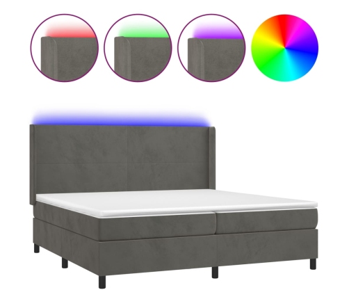 Cama box spring colchón y LED terciopelo gris oscuro 200x200 cm