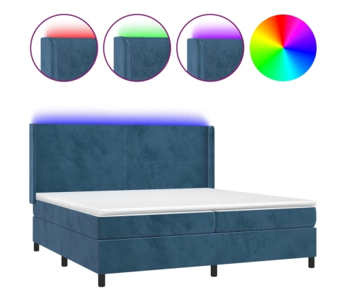 Cama box spring colchón y LED terciopelo azul oscuro 200x200 cm