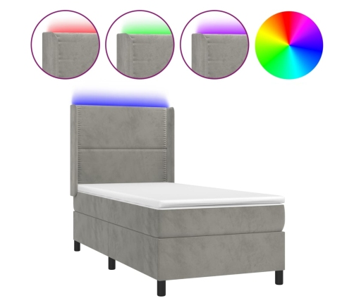 Cama box spring colchón y LED terciopelo gris claro 80x200 cm