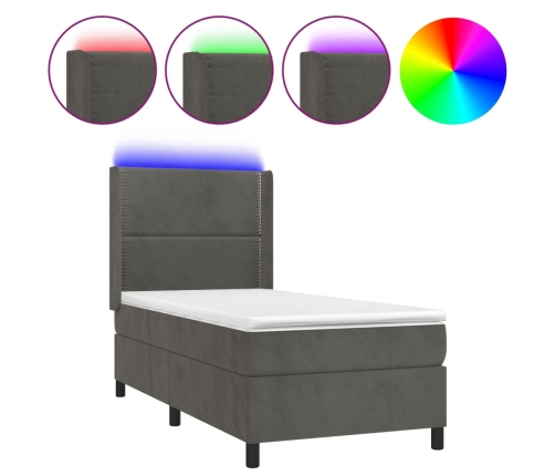 Cama box spring colchón y LED terciopelo gris oscuro 80x200 cm