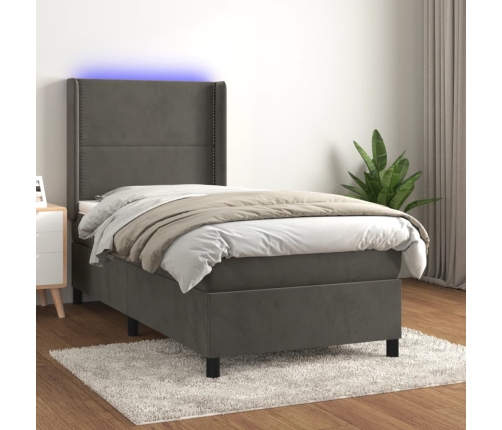 Cama box spring colchón y LED terciopelo gris oscuro 80x200 cm