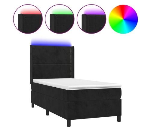 Cama box spring colchón y LED terciopelo negro 80x200 cm