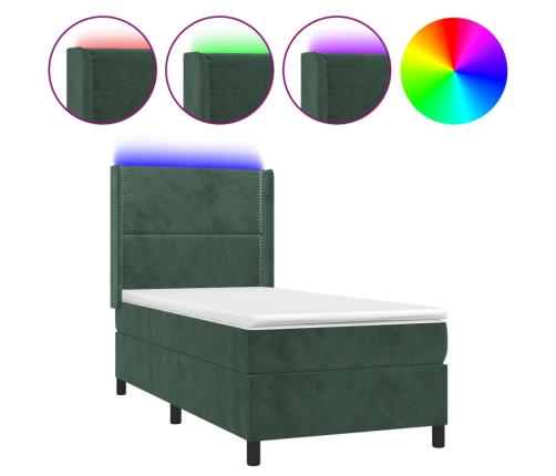 Cama box spring colchón y LED terciopelo verde oscuro 80x200 cm