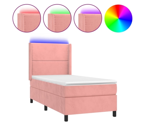 Cama box spring colchón y LED terciopelo rosa 80x200 cm