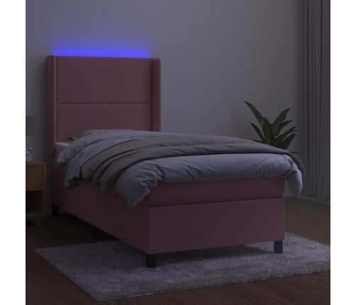 Cama box spring colchón y LED terciopelo rosa 90x190 cm