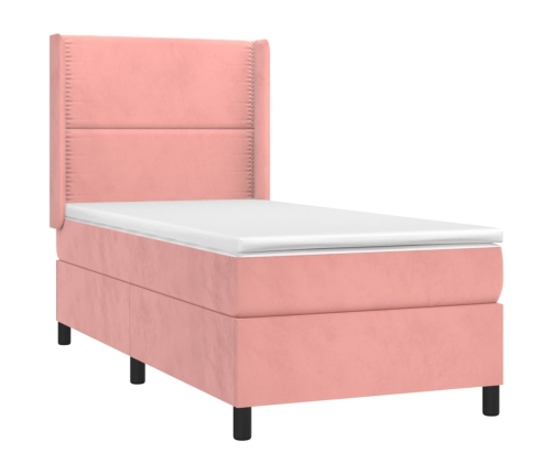 Cama box spring colchón y LED terciopelo rosa 100x200 cm