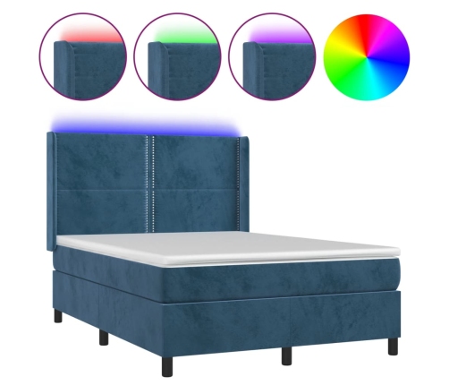 Cama box spring colchón y LED terciopelo azul oscuro 140x200 cm