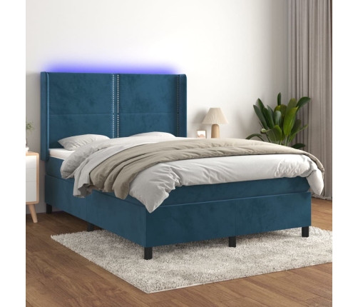 vidaXL Cama box spring colchón y LED terciopelo azul oscuro 140x200 cm