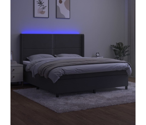 Cama box spring colchón y LED terciopelo gris oscuro 160x200 cm