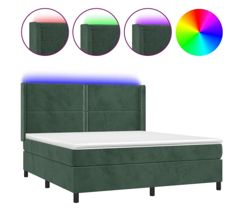 vidaXL Cama box spring colchón y LED terciopelo verde oscuro 160x200cm