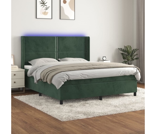 vidaXL Cama box spring colchón y LED terciopelo verde oscuro 160x200cm