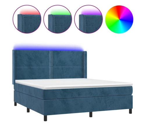 Cama box spring colchón y LED terciopelo azul oscuro 160x200 cm