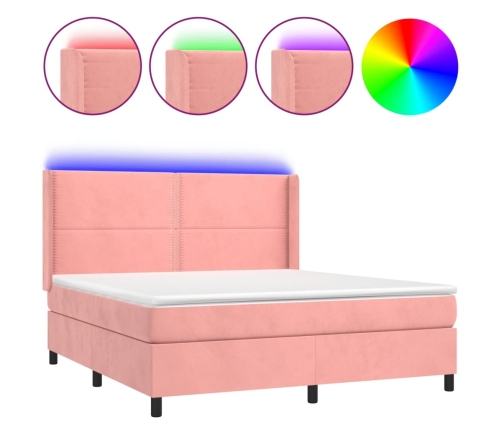 Cama box spring colchón y LED terciopelo rosa 160x200 cm