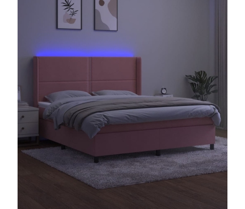 Cama box spring colchón y LED terciopelo rosa 160x200 cm