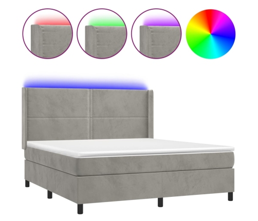 Cama box spring colchón y LED terciopelo gris claro 180x200 cm