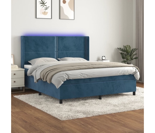 vidaXL Cama box spring colchón y LED terciopelo azul oscuro 180x200 cm