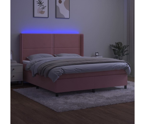 Cama box spring colchón y LED terciopelo rosa 180x200 cm