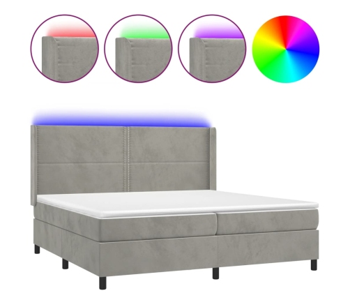 Cama box spring colchón y LED terciopelo gris claro 200x200 cm