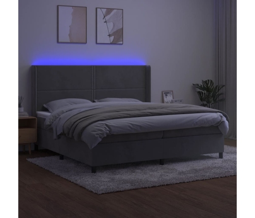 Cama box spring colchón y LED terciopelo gris claro 200x200 cm