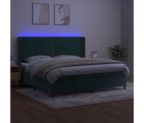 Cama box spring colchón y LED terciopelo verde oscuro 200x200cm