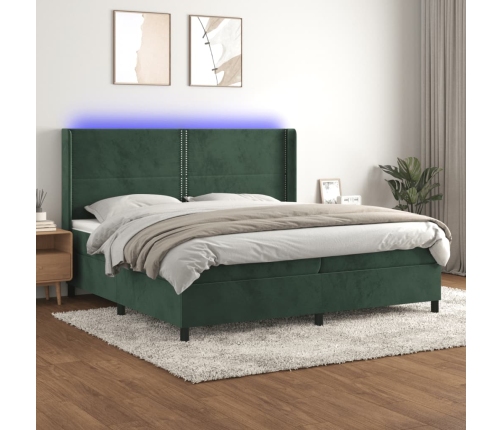 Cama box spring colchón y LED terciopelo verde oscuro 200x200cm