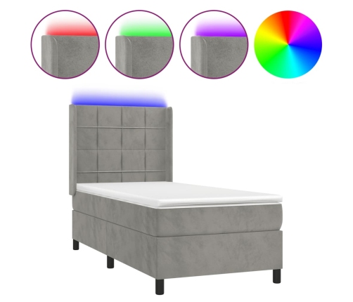 Cama box spring colchón y LED terciopelo gris claro 80x200 cm