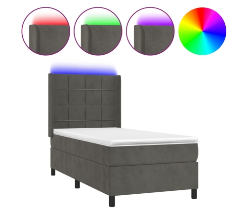 Cama box spring colchón y LED terciopelo gris oscuro 80x200 cm