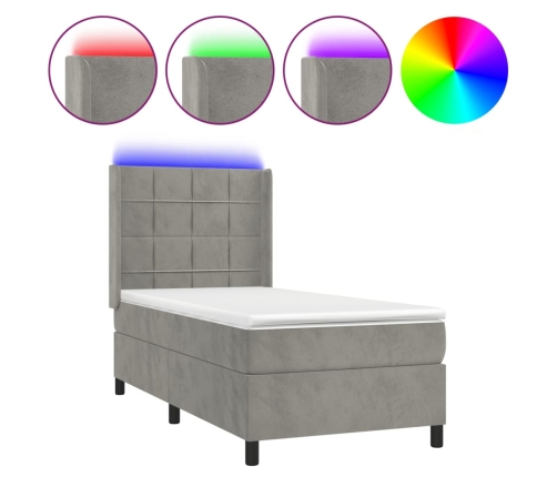 Cama box spring colchón y LED terciopelo gris claro 90x190 cm