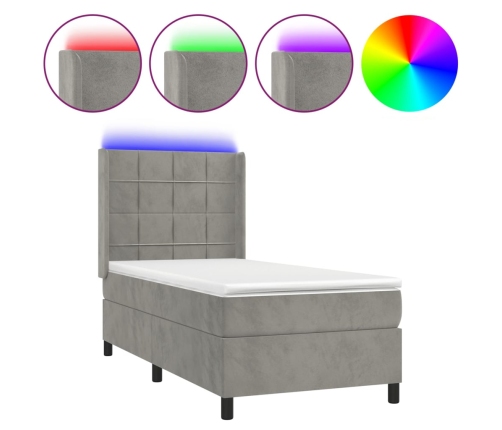 Cama box spring colchón y LED terciopelo gris claro 90x200 cm