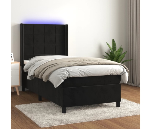 Cama box spring colchón y LED terciopelo negro 90x200 cm