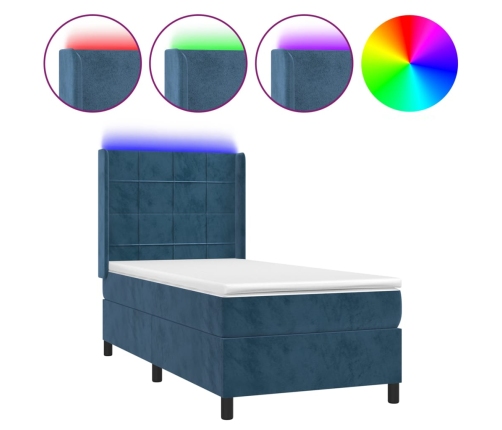 Cama box spring colchón y LED terciopelo azul oscuro 90x200 cm