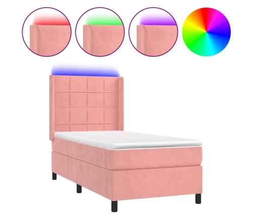 Cama box spring colchón y LED terciopelo rosa 90x200 cm