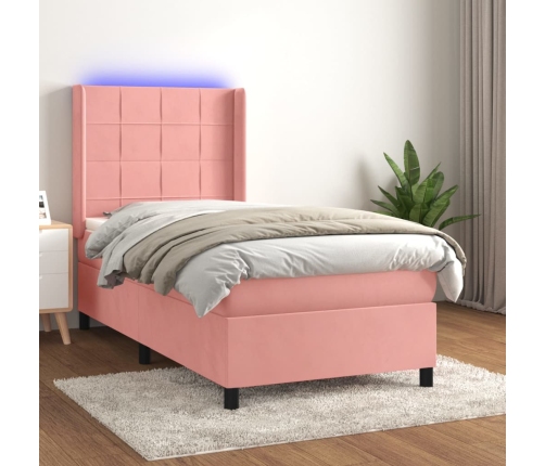 Cama box spring colchón y LED terciopelo rosa 90x200 cm