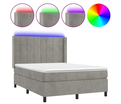 Cama box spring colchón y LED terciopelo gris claro 140x190 cm