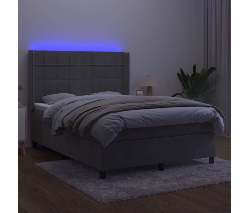 Cama box spring colchón y LED terciopelo gris claro 140x190 cm