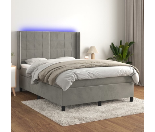 Cama box spring colchón y LED terciopelo gris claro 140x190 cm