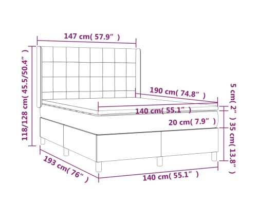 Cama box spring colchón y LED terciopelo gris oscuro 140x190 cm