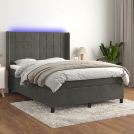 Cama box spring colchón y LED terciopelo gris oscuro 140x190 cm