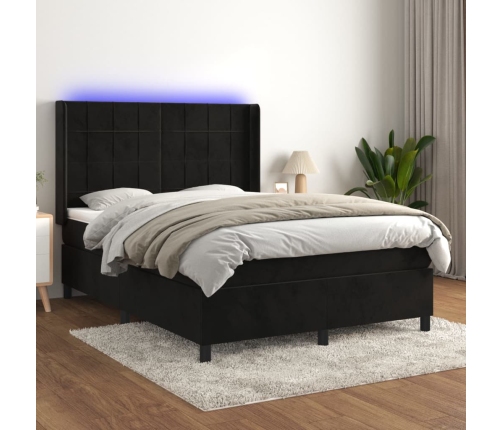 Cama box spring colchón y LED terciopelo negro 140x190 cm