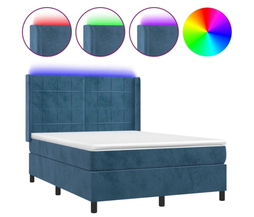 Cama box spring colchón y LED terciopelo azul oscuro 140x190 cm