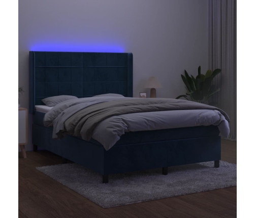 Cama box spring colchón y LED terciopelo azul oscuro 140x190 cm