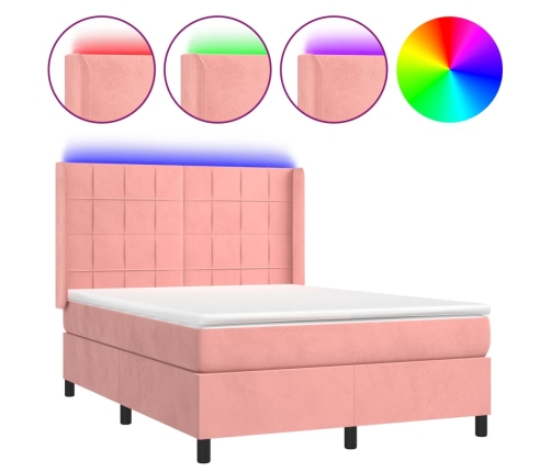 Cama box spring colchón y LED terciopelo rosa 140x190 cm