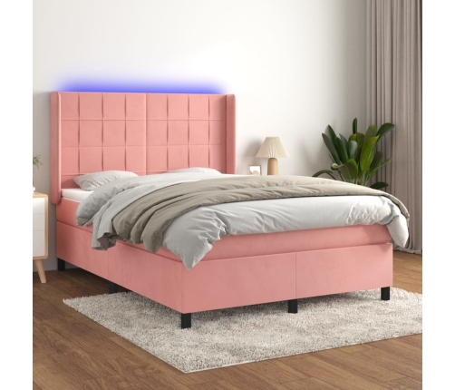 Cama box spring colchón y LED terciopelo rosa 140x190 cm