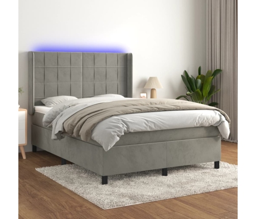 Cama box spring colchón y LED terciopelo gris claro 140x200 cm